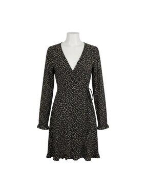 Gilli Womens Black Floral Wrap Dress Long Sleeve Midi Length Ruffle Hem Size M